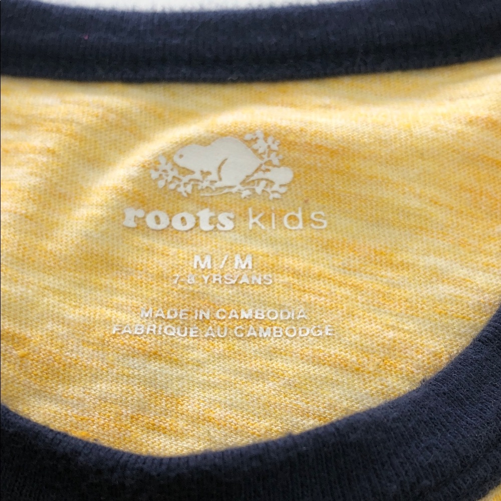 🦫Roots Kids T-Shirt – Medium (7–8 Yrs) – Heathered Yellow with Navy Blue Trim - Picture 2 of 8